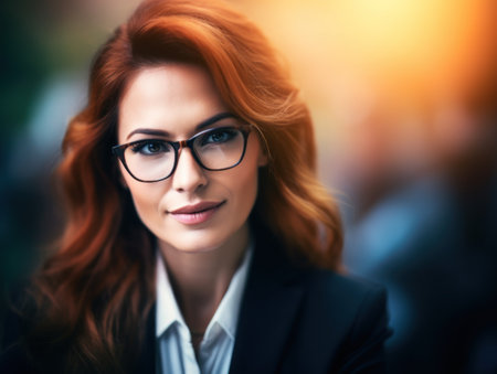 a woman wearing glasses and a suitの素材