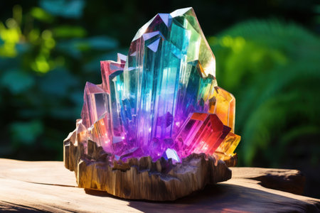 a colorful crystal on a wood surfaceの素材