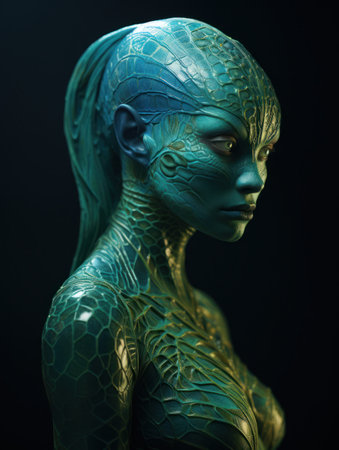 a woman with green skin and hairの素材