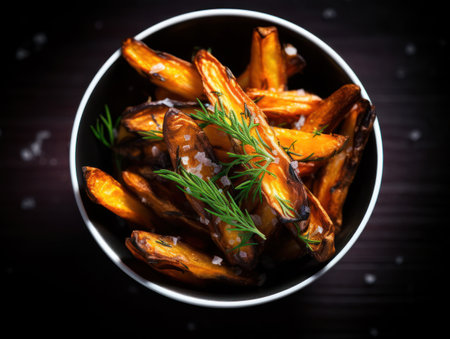 a bowl of fries with herbsの素材