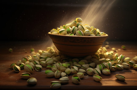 a bowl of pistachios on a tableの素材