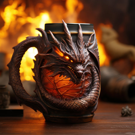 a dragon mug with a fire in the backgroundの素材