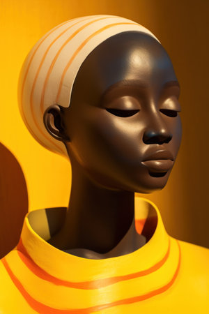 a mannequin with a yellow shirt and orange striped headbandの素材