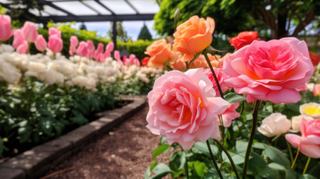 a group of flowers in a gardenの素材