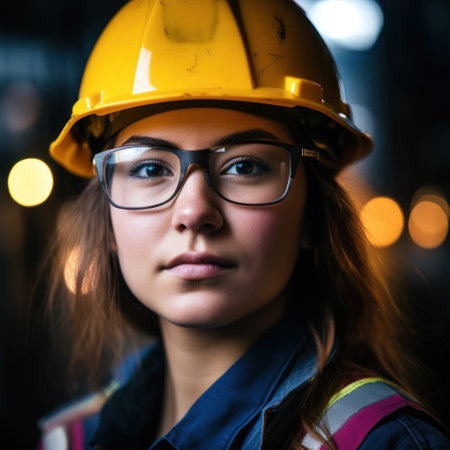 a woman wearing a hard hat and glassesの素材