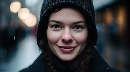 a woman wearing a black hat and black jacketの素材