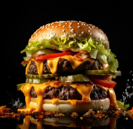 a large cheeseburger with cheese and vegetablesの素材