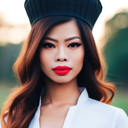 a woman with long hair wearing a black hatの素材