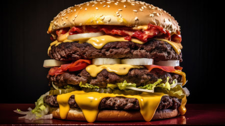 a large cheeseburger with cheese and vegetablesの素材