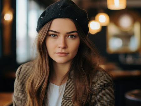 a woman wearing a beretの素材