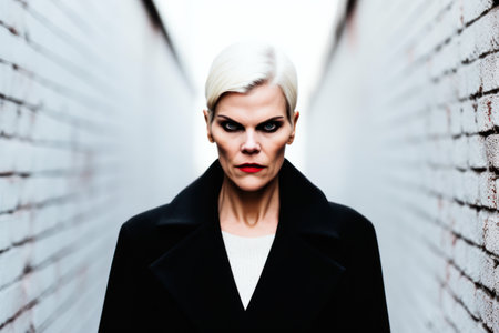 a woman with white hair and red lips wearing a black coatの素材