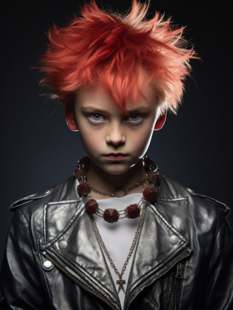 a young boy with red hair wearing a leather jacket and necklaceの素材