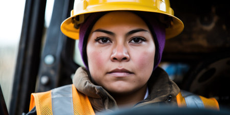 a woman wearing a yellow helmetの素材