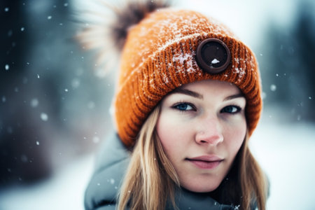 a woman wearing a beanie and a hatの素材