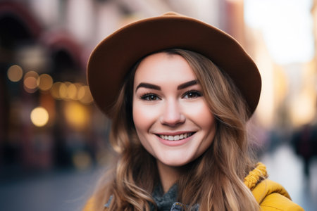 a woman wearing a hat and smilingの素材