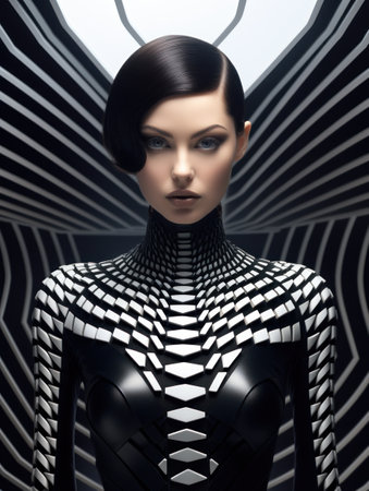 3d illustration of a futuristic woman in black and white futuristic costumeの素材