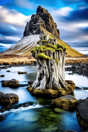 a rock stump in water with a mountain in the backgroundの素材