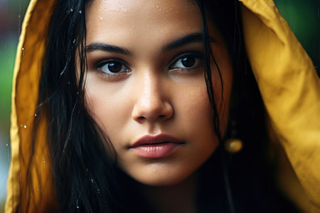 a woman with wet hair and a yellow clothの素材