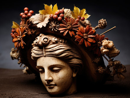 a statue of a woman with flowers on her headの素材