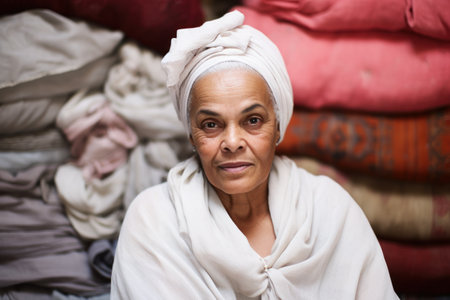 a woman with a towel on her headの素材
