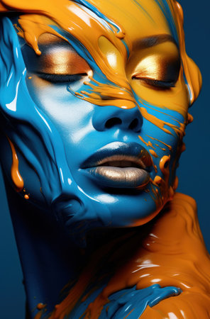 a woman with blue and orange paint on her faceの素材