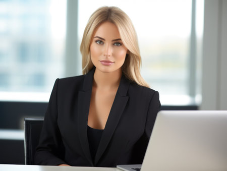 a woman sitting at a desk with a laptopの素材