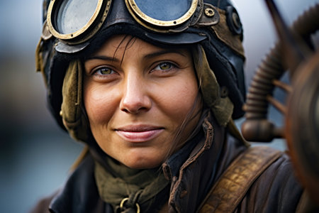 a woman wearing goggles and a leather jacketの素材