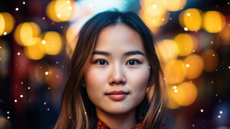 a woman with long hair and a red shirtの素材