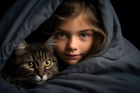 a girl wrapped in a blanket with a catの素材