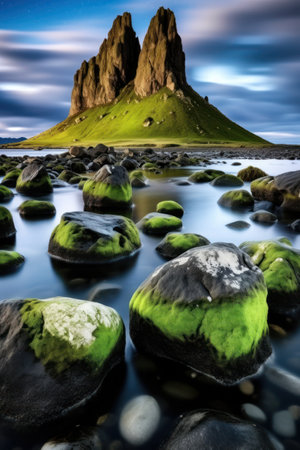 a rocky beach with a mountain in the backgroundの素材