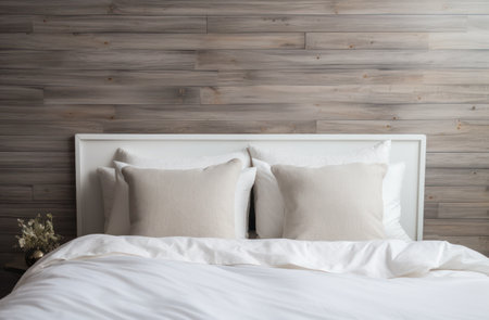 a bed with white pillows and a wood wallの素材