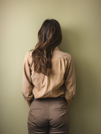 a woman standing in front of a wallの素材