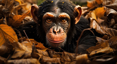 a chimpanzee in leavesの素材