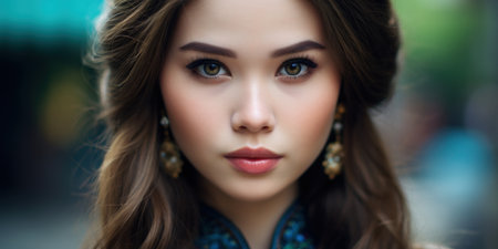a woman with long brown hair and green eyesの素材