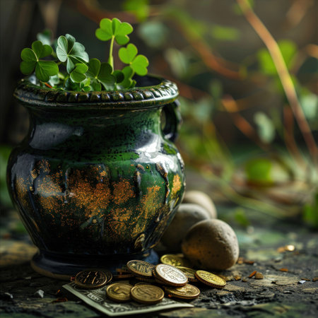 a pot with clovers and coinsの素材