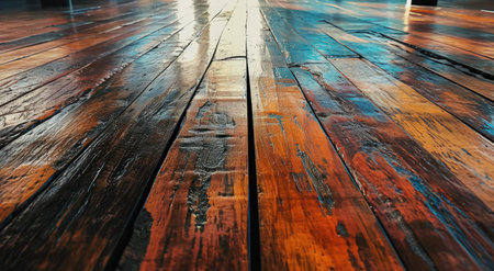 wet wood floor with sunlight shining throughの素材
