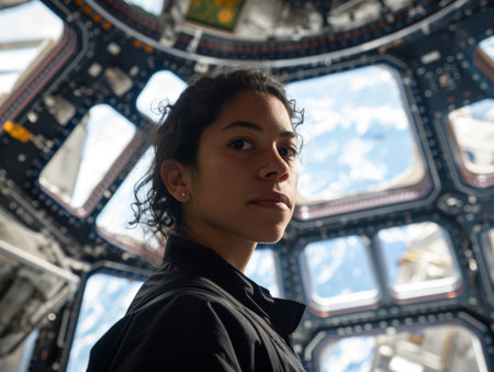a woman looking up at the cameraの素材