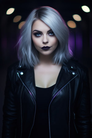 a woman with grey hair and black lipstickの素材