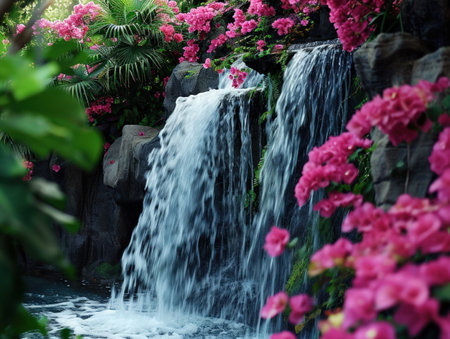 a waterfall with pink flowersの素材