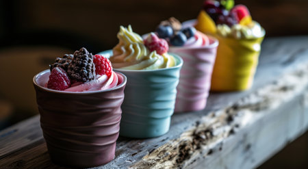 a row of colorful cups with fruit in themの素材