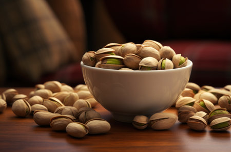 a bowl of pistachios on a tableの素材