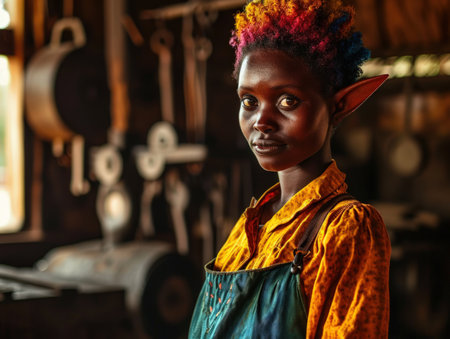 a woman with colorful hair and an apronの素材