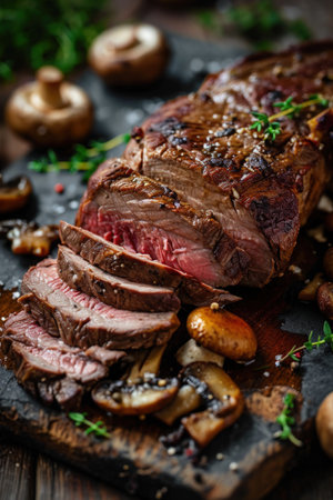 a sliced steak with mushrooms and herbs on a wooden surfaceの素材