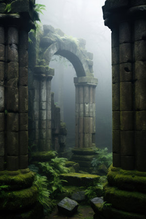 an old stone archway in a forestの素材