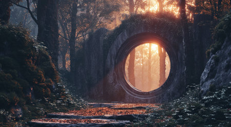 a stone arch with a hole in it in the middle of a forestの素材