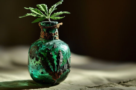 a green glass vase with a leaf in itの素材