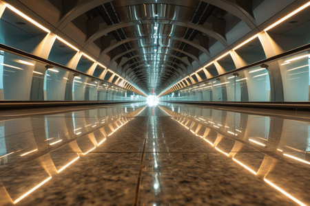 a long hallway with lights on the floorの素材