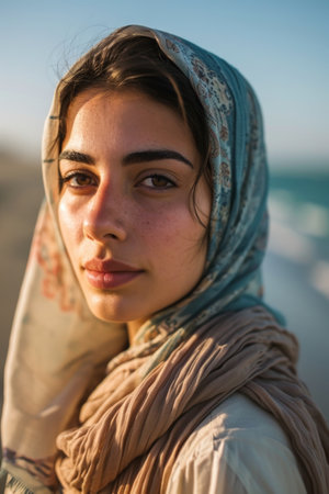 a woman with a scarf on her headの素材