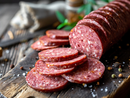 a sliced sausage on a cutting boardの素材