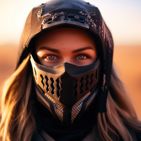 a woman wearing a black mask and a black hatの素材